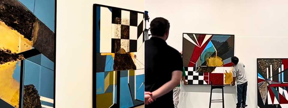 Visitors exploring a contemporary art gallery with geometric paintings in Shanghai