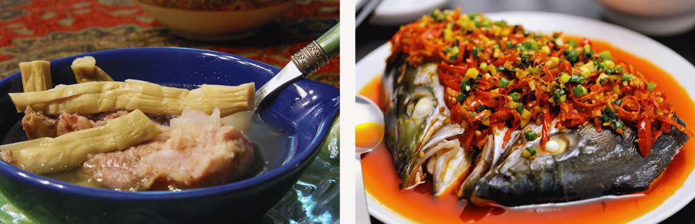 Soupe chinoise à la viande et aux pousses de bambou accompagnée de poisson vapeur à la sauce épicée, des plats typiques issus de différentes régions