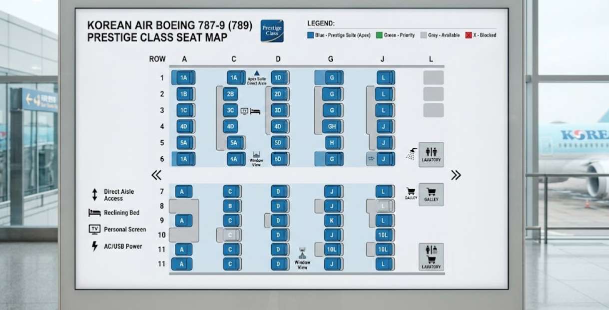Korean Air Business Class (Prestige) Seat Map