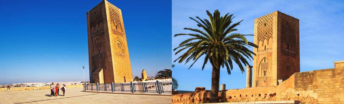 La Torre Hassan en Rabat junto a palmeras y restos históricos bajo cielo despejado