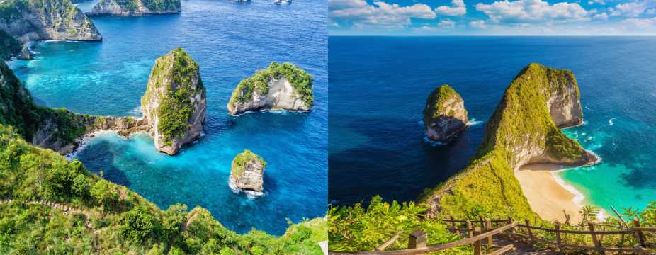 Paisajes costeros de Nusa Penida con formaciones rocosas, acantilados y playas de aguas turquesas.