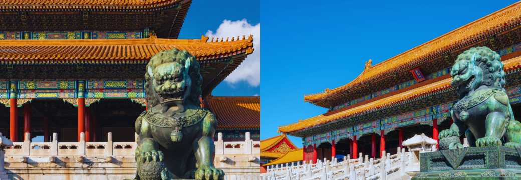 León guardián de bronce frente a un pabellón imperial en la Ciudad Prohibida de Pekín, símbolo histórico de la arquitectura china