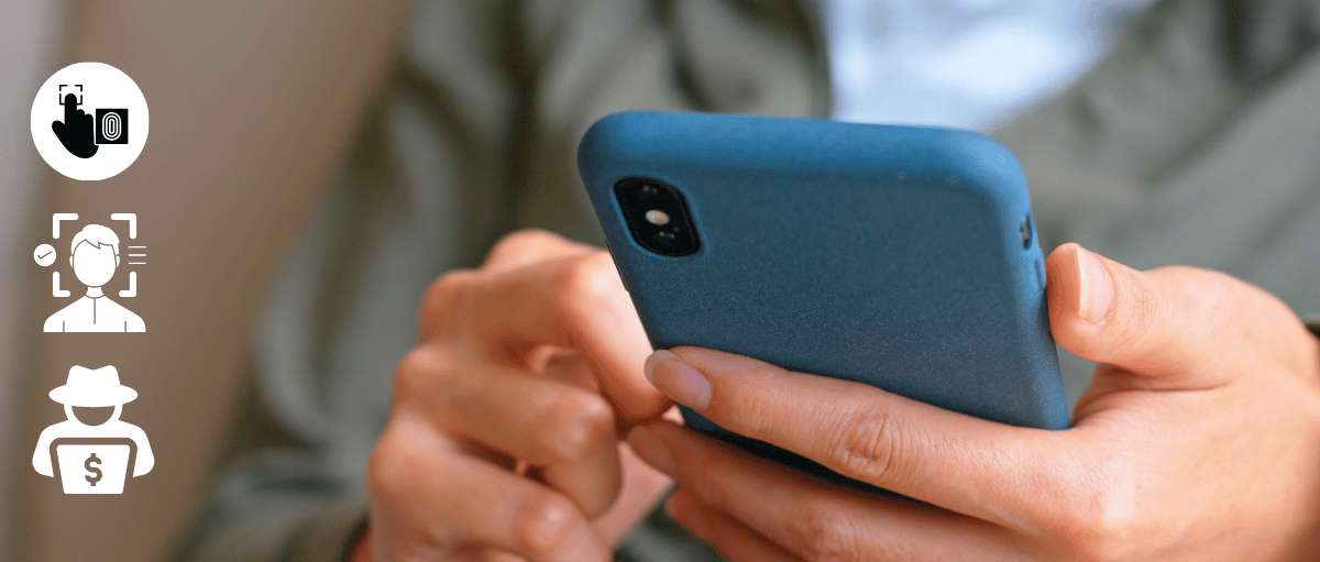 Person, die ein Smartphone nutzt, umgeben von Symbolen für digitale Sicherheit, Identitätsprüfung und Betrugsschutz.
