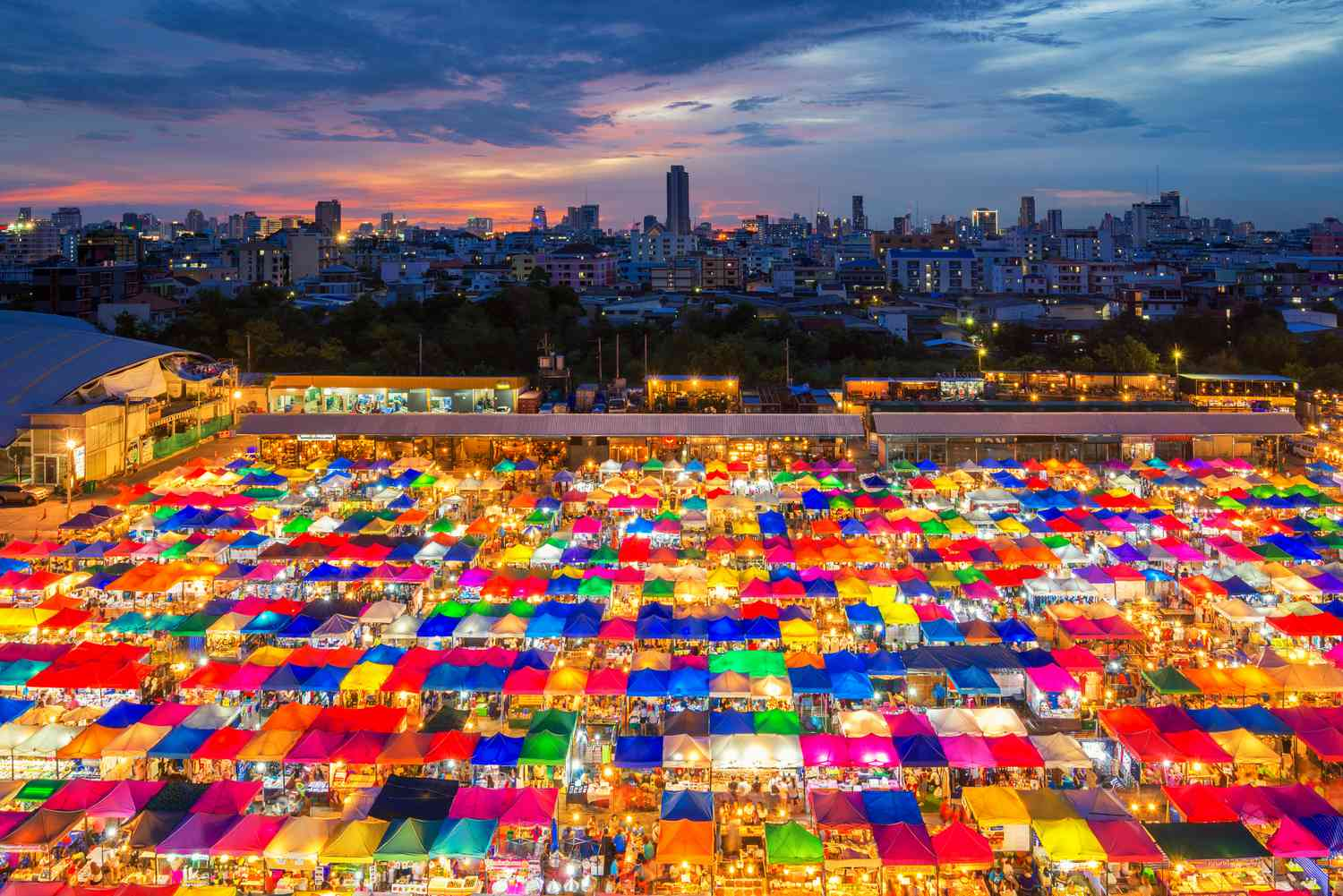 A birds eye view of the largest night market in Bangkok, with over 8,000 stores