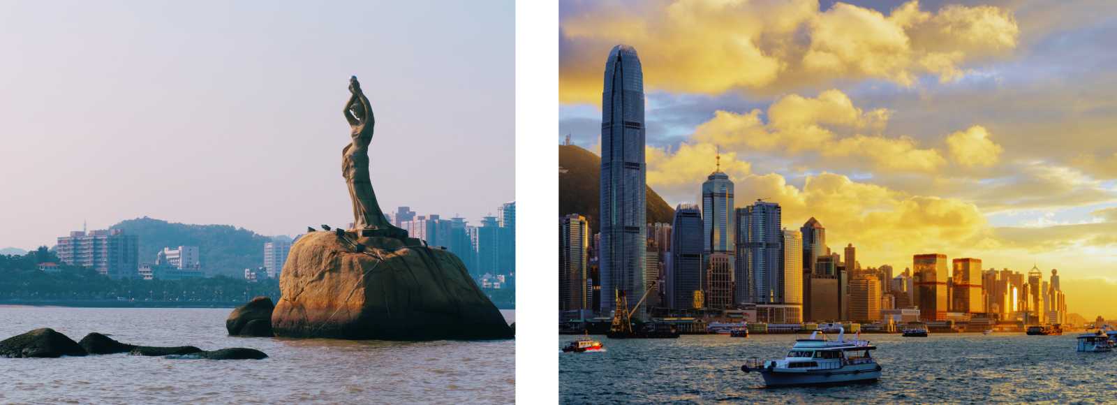 The fisherwoman sculpture in Zhuhai on a rock in the bay, with buildings in the background at sunset