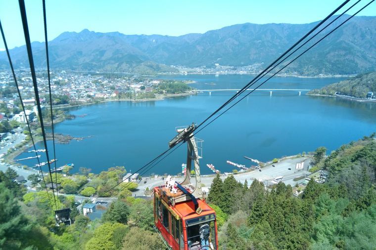 Red cable car descending over Lake Kawaguchi with the surrounding mountains