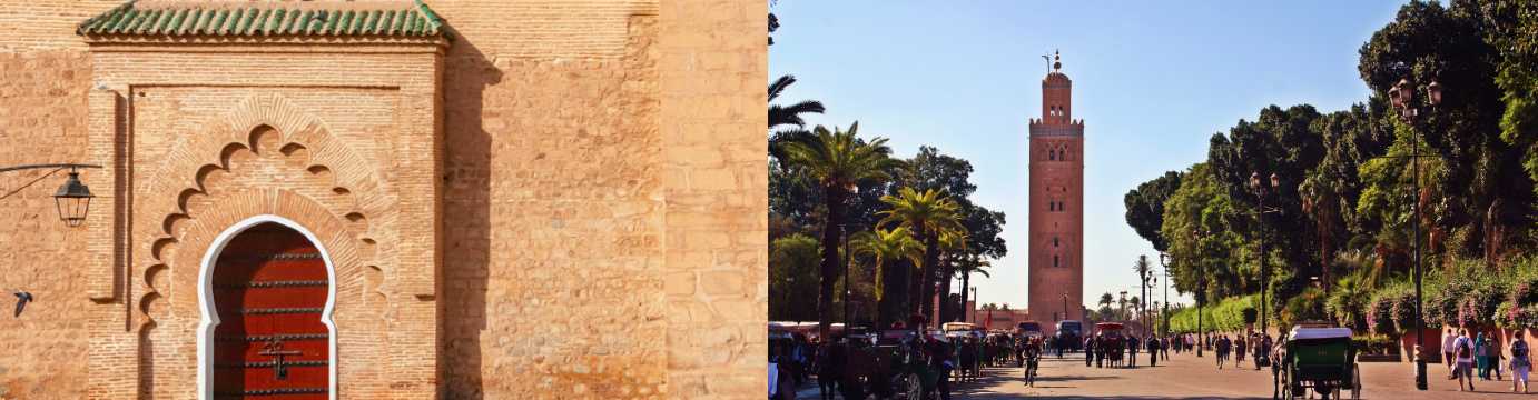 Detalle de una puerta tradicional de la medina de Marrakech junto a la avenida con la Mezquita Kutubía al fondo