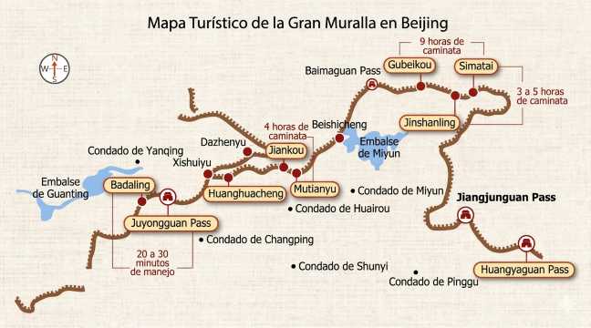 Mapa turístico de la Gran Muralla China en Beijing con secciones como Badaling, Mutianyu y Jiankou y tiempos de recorrido