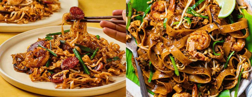 Char kway teow sauté aux fruits de mer, pousses de soja et sauce noire