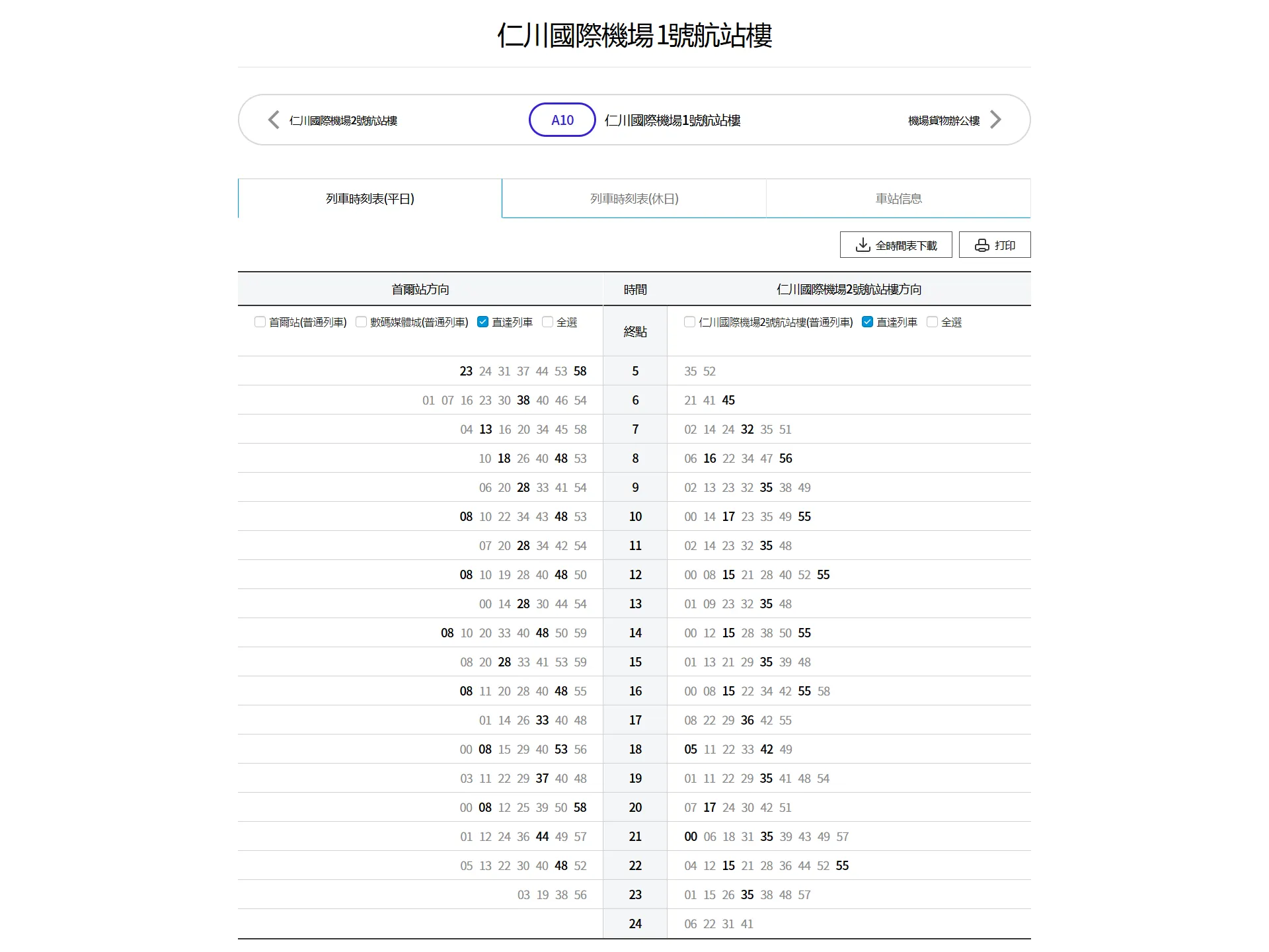 AREX Incheon Airport Station Timetable - Weekdays