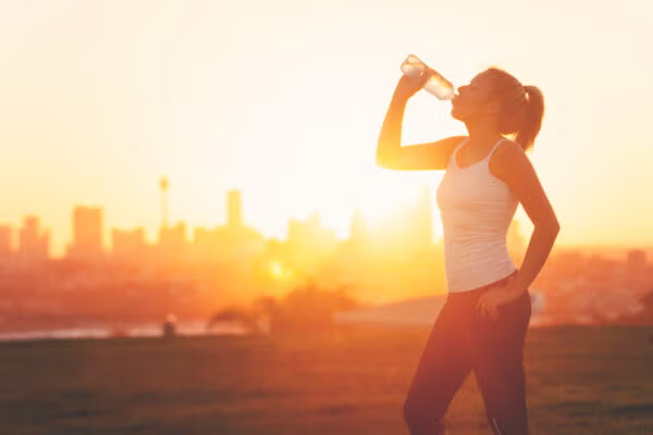 A girl drinking water because it is really hot