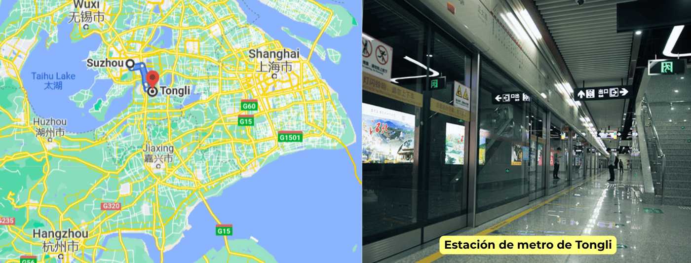 Mappa da Shanghai a Tongli e Suzhou con percorsi di trasporto e la moderna stazione della metropolitana di Tongli