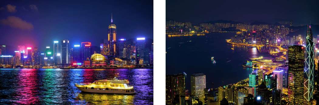 Vista del skyline de Hong Kong desde el paseo marítimo al atardecer