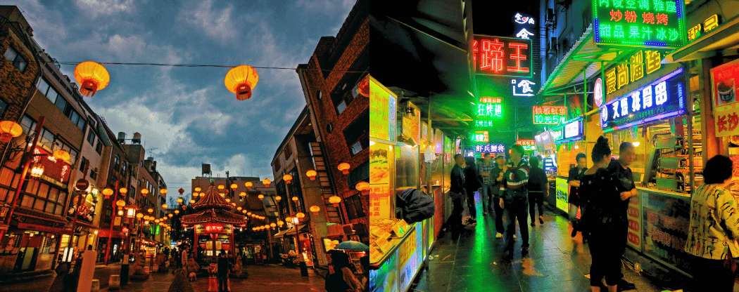 Mercado nocturno de Guilin con puestos de comida callejera y ambiente animado al anochecer