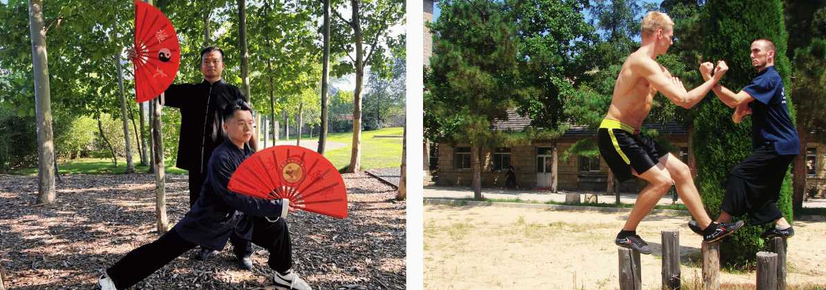Allenamento di kung-fu con armi ed esercizi di equilibrio all'aria aperta