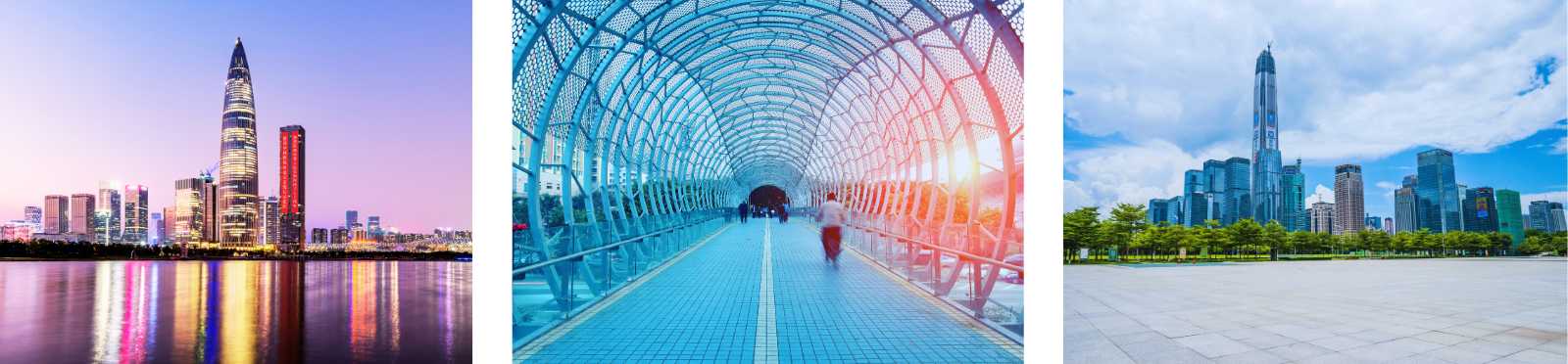 Collage featuring three views of Shenzhen: the skyline by the water at sunset, a futuristic pedestrian tunnel, and a spacious square surrounded by modern skyscrapers