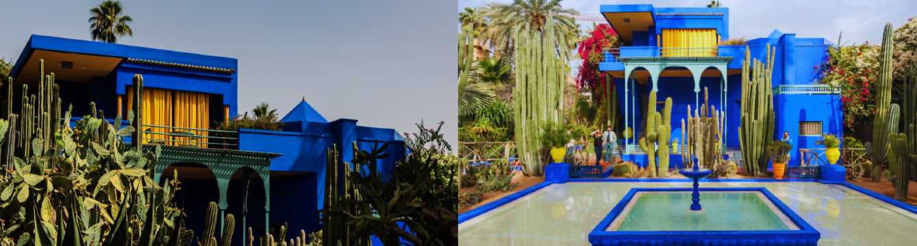 Jardín Majorelle en Marrakech con edificios azules, cactus y una fuente central