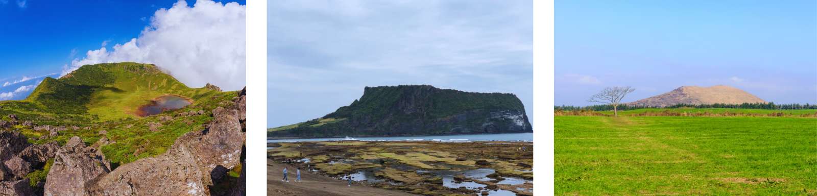 Tres imágenes de Jeju mostrando el cráter de Hallasan, la montaña Seongsan Ilchulbong y un oreum rodeado de praderas verdes