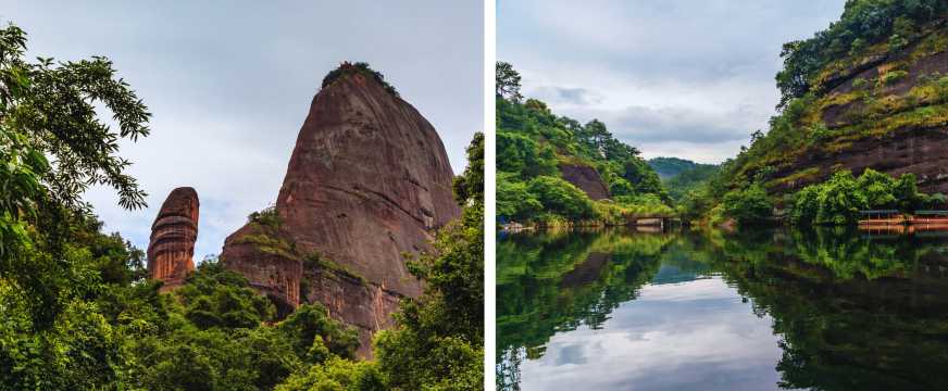 A mountain landscape collage featuring red rock formations and a river winding through lush greenery