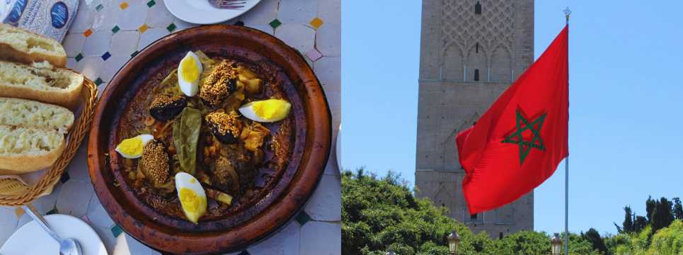 Plato tradicional marroquí servido en tajín junto a pan, con bandera de Marruecos y torre al fondo