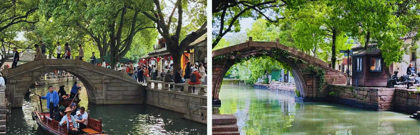 Ponti in pietra sui canali di Tongli e Suzhou, tra turisti e la vegetazione tipica dei villaggi sull'acqua cinesi
