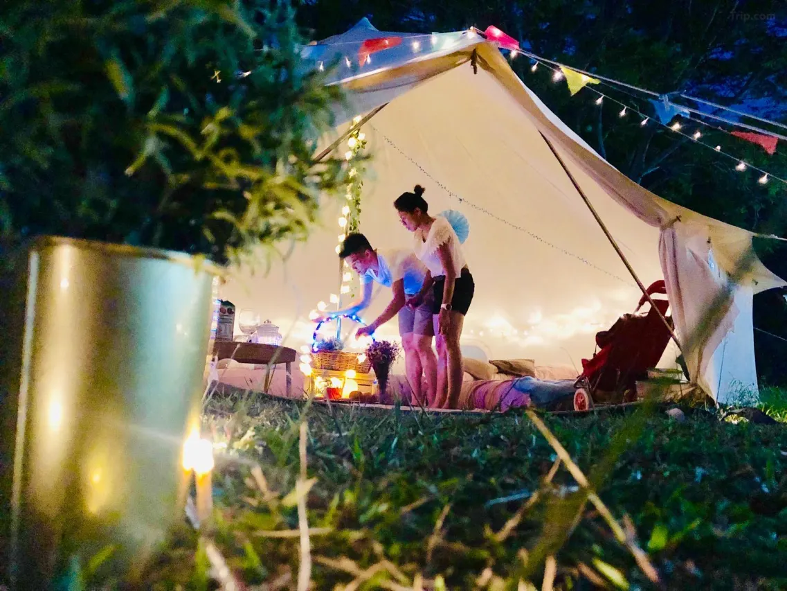 night scene at glamping site
