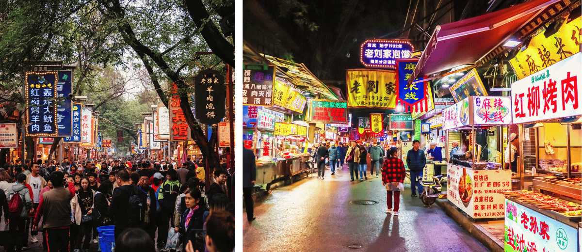 Calle de comida en Xi’an llena de puestos y gente, mercado nocturno con ambiente local