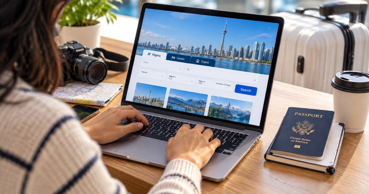 Woman sitting at the computer researching flights