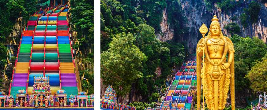 Collage of the multicoloured stairs and the Murugan statue at Batu Caves
