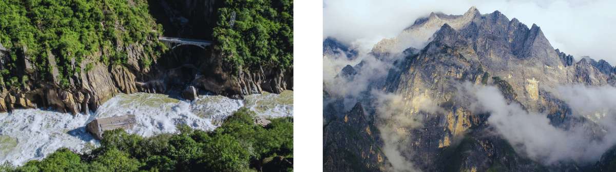 Cascata e montagne avvolte dalle nuvole nella Gola del Salto della Tigre, immersi nel paesaggio naturale dello Yunnan.