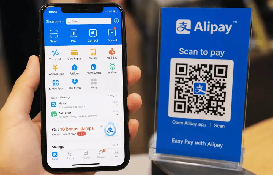 L’application Alipay à côté d’un QR code pour les paiements mobiles dans les commerces