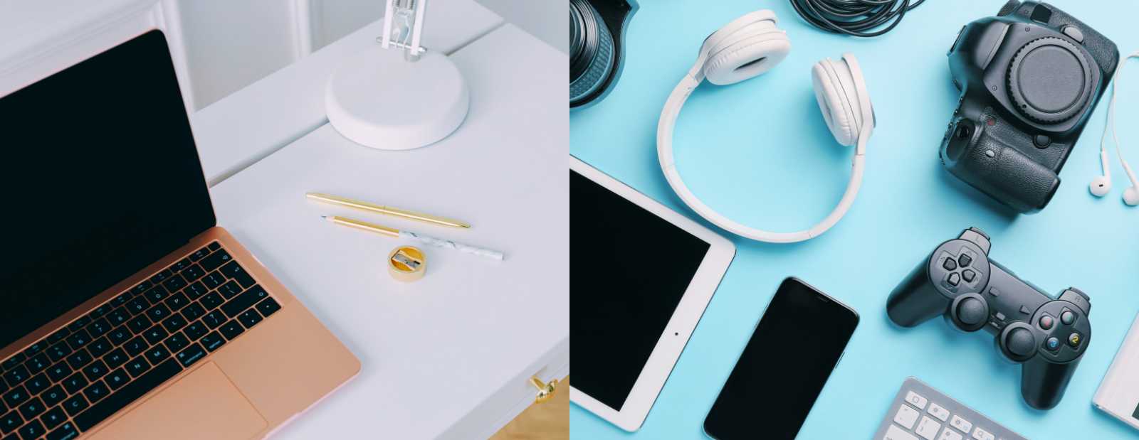Mesa con gadgets tecnológicos como portátil, auriculares, cámara y consola, típicos de compras en China
