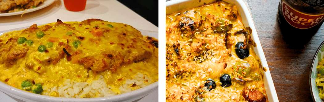 Pollo portugués al horno con arroz y salsa cremosa de curry, una especialidad clásica de Macao