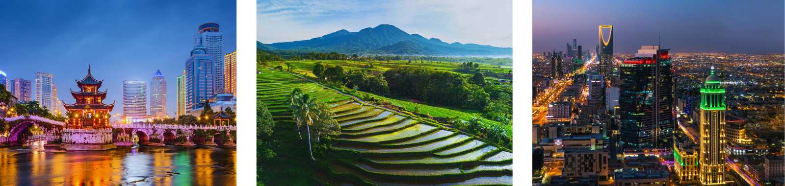 Templo tradicional asiático junto a un lago, terrazas de arroz en paisaje montañoso y skyline nocturno de una gran ciudad moderna