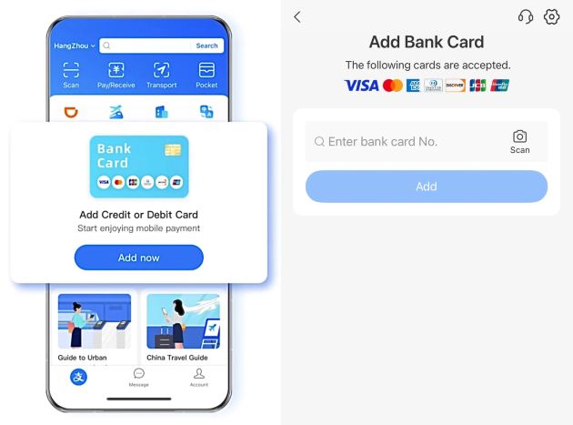 Écran Alipay montrant les étapes pour ajouter une carte bancaire internationale