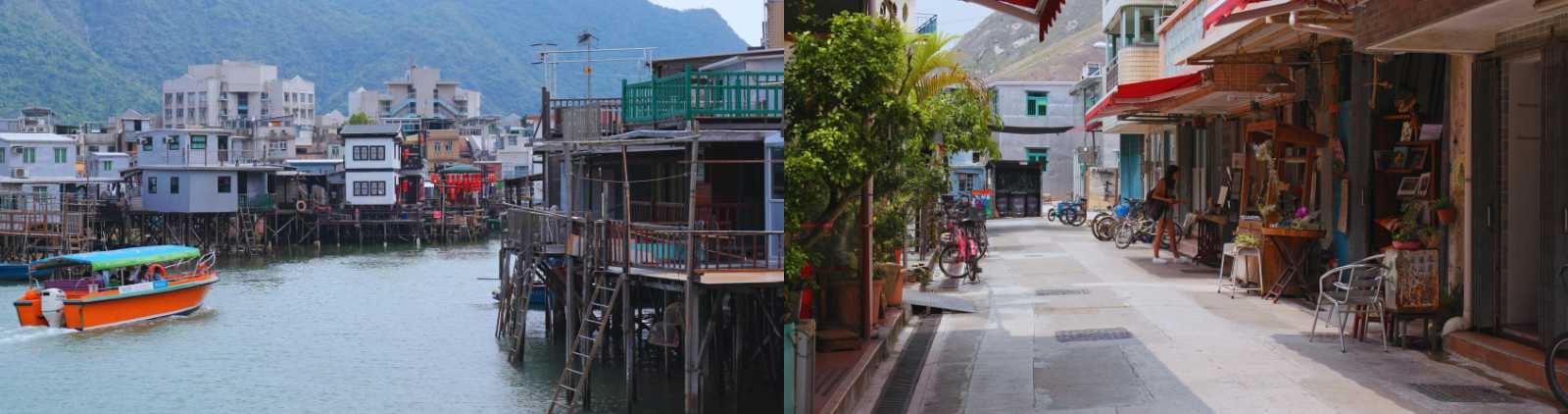 Pueblo costero de Tai O con casas sobre pilotes y calle tradicional con tiendas locales en la isla de Lantau.