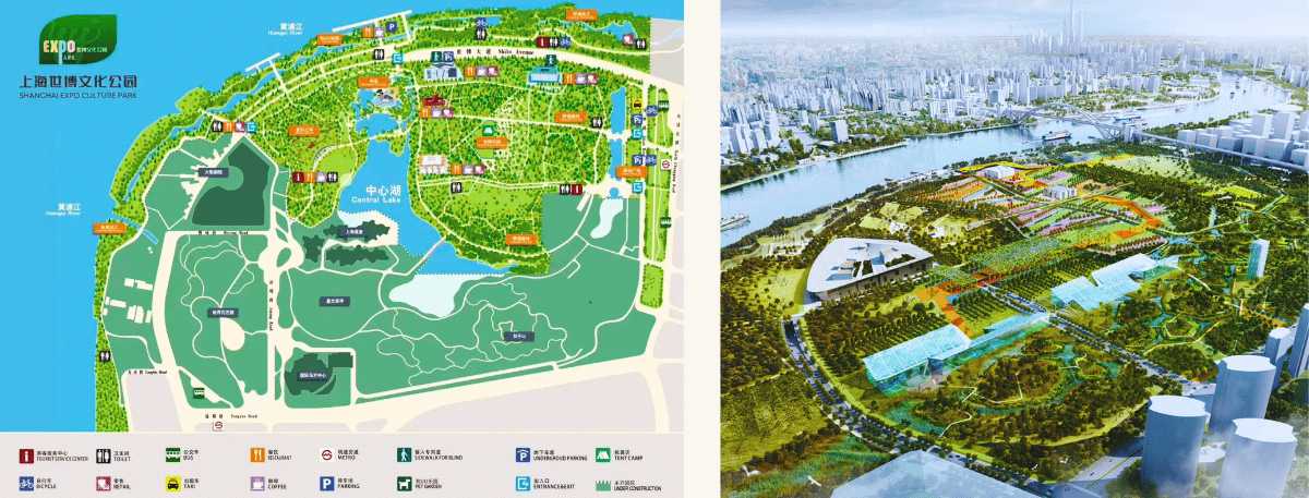 Plan du Shanghai Expo Culture Park avec l'emplacement du Shanghai Greenhouse Garden