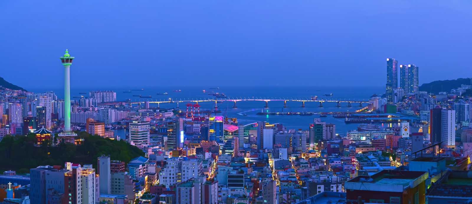 Panorama nocturno de Busan con la Busan Tower iluminada en verde y el puente Gwangandaegyo al fondo.
