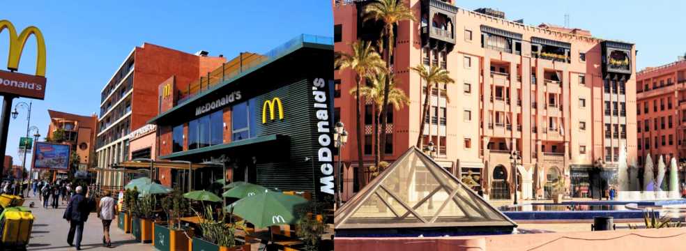 Zona moderna de Marrakech con edificios, palmeras, comercios y terrazas al aire libre