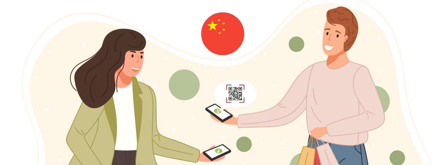Ilustración de dos personas pagando con el móvil mediante código QR en China