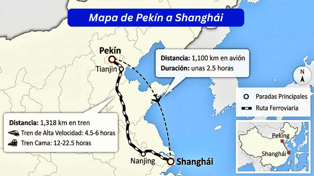 Mapa con la ruta y distancia entre Pekín y Shanghái por tren y avión