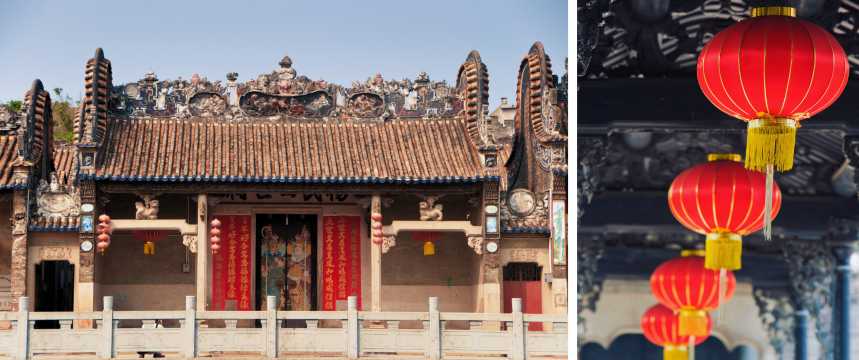 Traditional Chinese temple façade with an ornate roof and hanging red lanterns