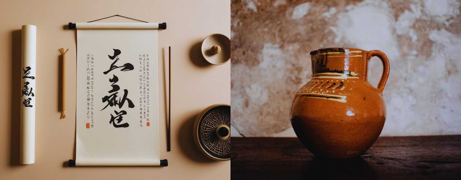 Pergamino de caligrafía china junto a una jarra de cerámica tradicional