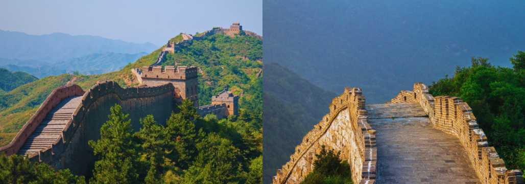 Vista panorámica de la Gran Muralla China serpenteando entre montañas verdes cerca de Pekín, patrimonio histórico y atracción turística.