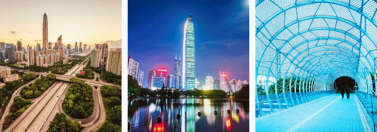 Rascacielos y arquitectura moderna de Shenzhen junto a un puente peatonal futurista