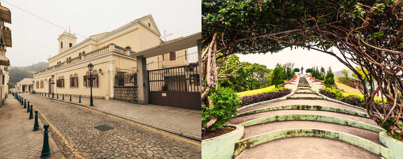 Cobbled street and a yellow colonial building in Macau, with Portuguese architecture and a historic atmosphere, alongside a landscaped path with a pergola and steps