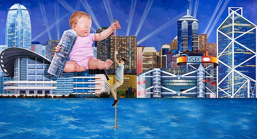 A trippy image of a guy climbing up a rope held on by a giant baby
