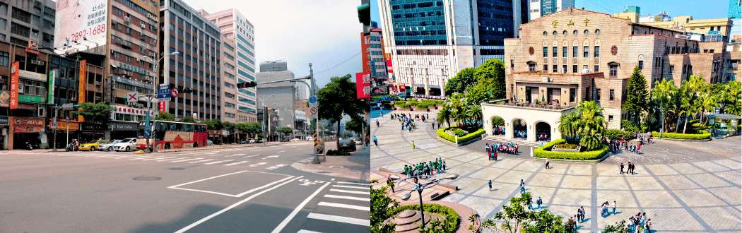 Le paysage urbain de Taipei, avec ses larges avenues et ses places bordées d'immeubles.
