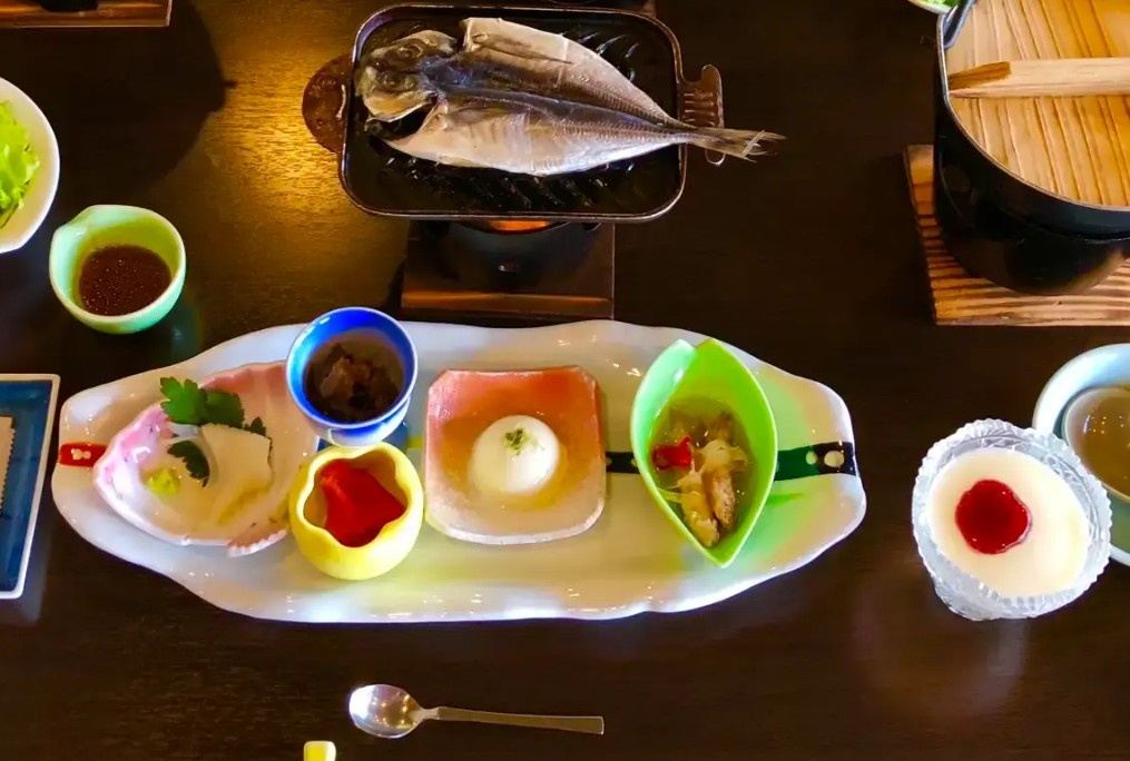 Traditional Japanese breakfast at a Mount Fuji ryokan