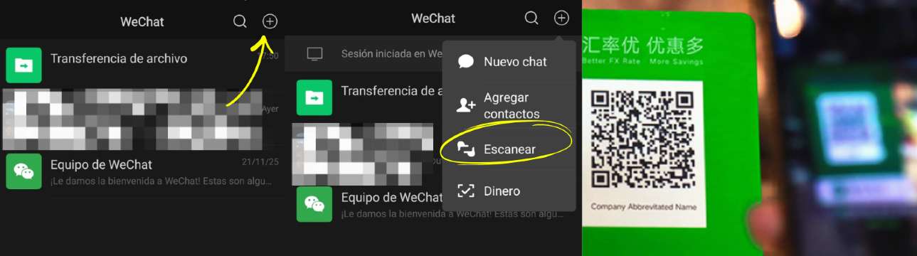 Interfaz de WeChat con el botón “+” resaltado, mostrando el acceso al menú para escanear códigos QR y funciones de pago